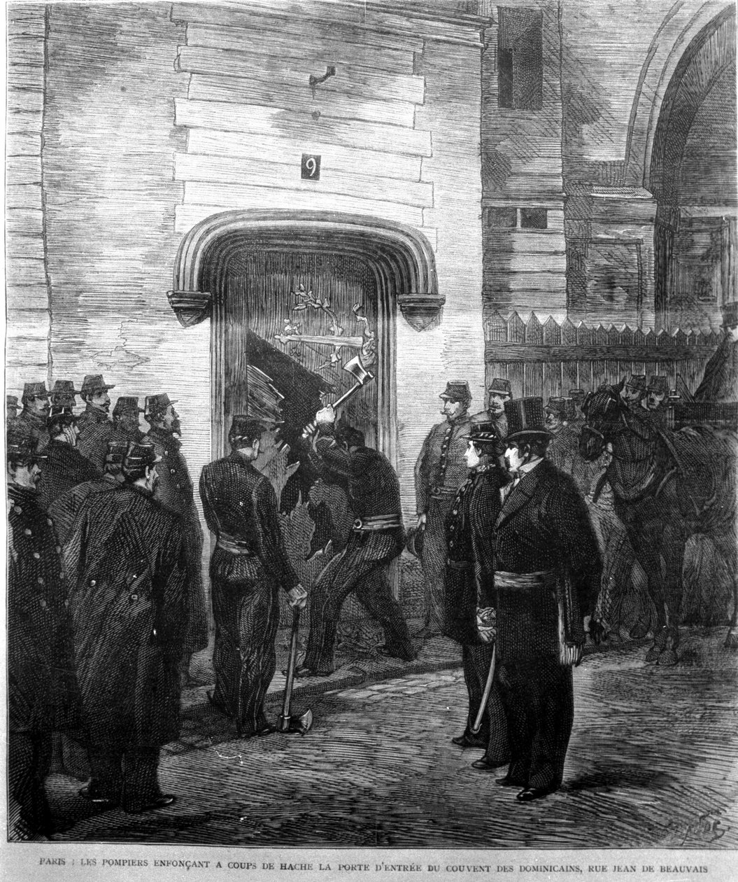 Strażacy zapukali do drzwi wejściowych klasztoru Dominikanów przy Rue Jean de Beauvais w Paryżu w 1880 roku. Rycina z XIX wieku. autorstwa Unknown artist