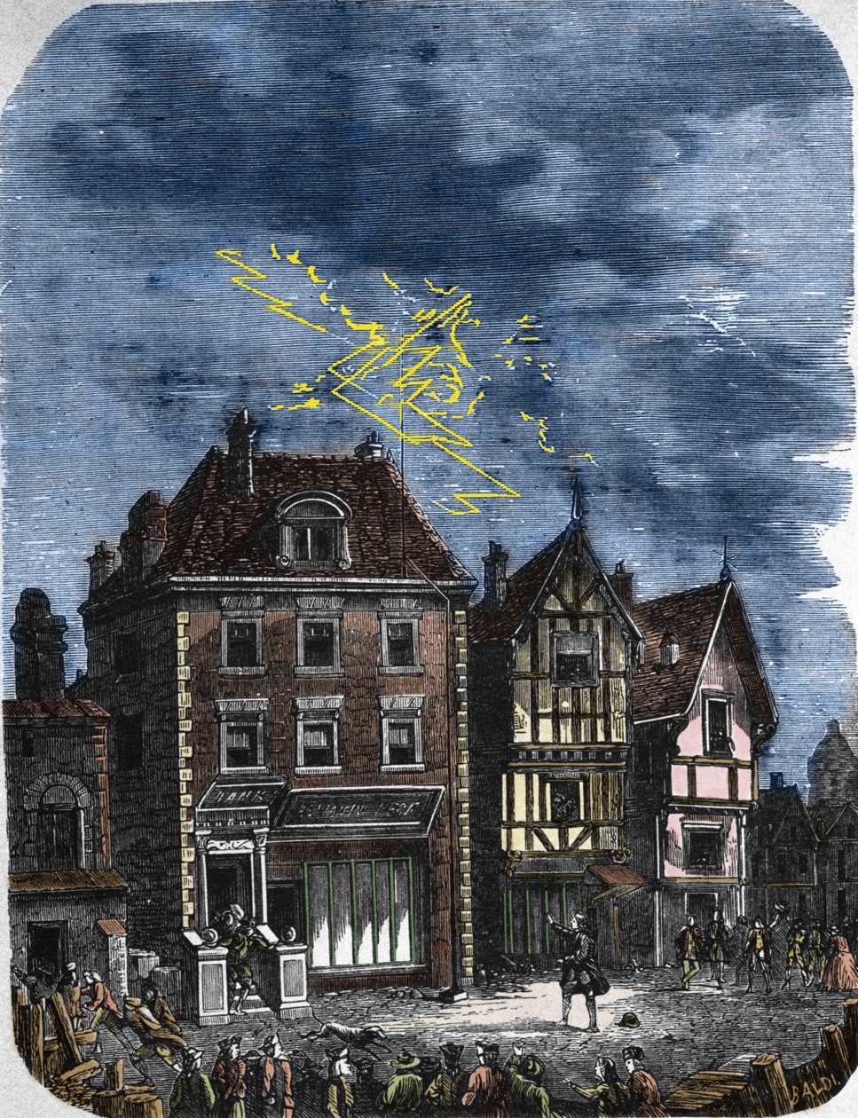 Pierwsza piorunochron założona przez Benjamina Franklina (1706-1790) na domu w Filadelfii (USA). 1760. autorstwa Unknown artist