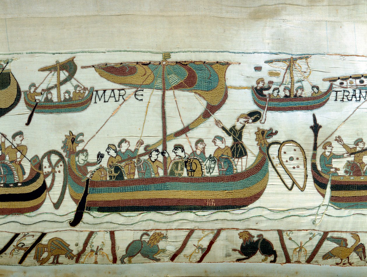 Flota Wilhelma I Zdobywcy (1027-1087) przecina kanał w kierunku Anglii. Gobelin z Bayeux lub Haft królowej Matyldy autorstwa Unknown artist