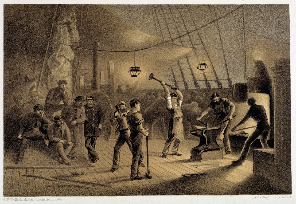 Kuźnia na pokładzie. W nocy 9 sierpnia przygotowywanie poszycia ifonu do kabestanu - w „The Atlantic telegraph” W.H. Russela, ok. godz. 1860 autorstwa Unknown artist