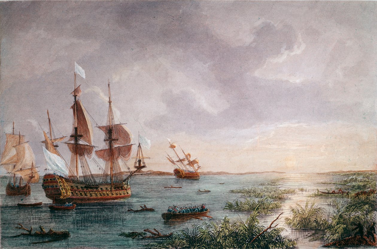 Francuski odkrywca Rene Robert Cavelier, Sieur de LaSalle, odkrywa Luizjanę w 1684 r. (Grawerowanie autorstwa Unknown artist