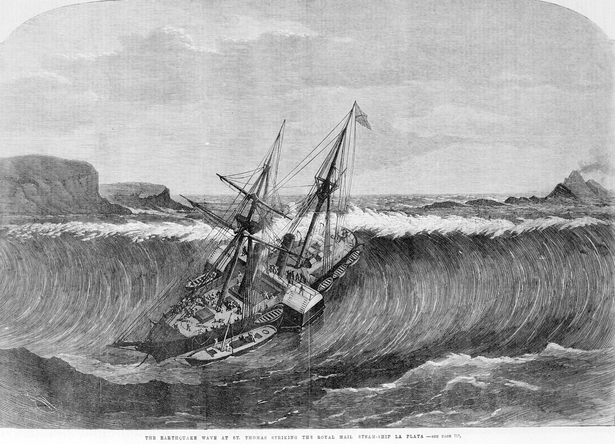 Gigantyczna fala tsunami z grudnia 1867 r. w Saint Thomas na Wyspach Dziewiczych spada na kołową łódź La Plata. Rycina XIX wieku. autorstwa Unknown artist
