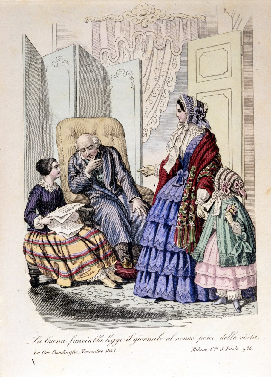 Dziewczyna czyta gazetę dziadkowi, który stracił wzrok. Z „The ore casalinghe”, listopad 1853. autorstwa Unknown artist
