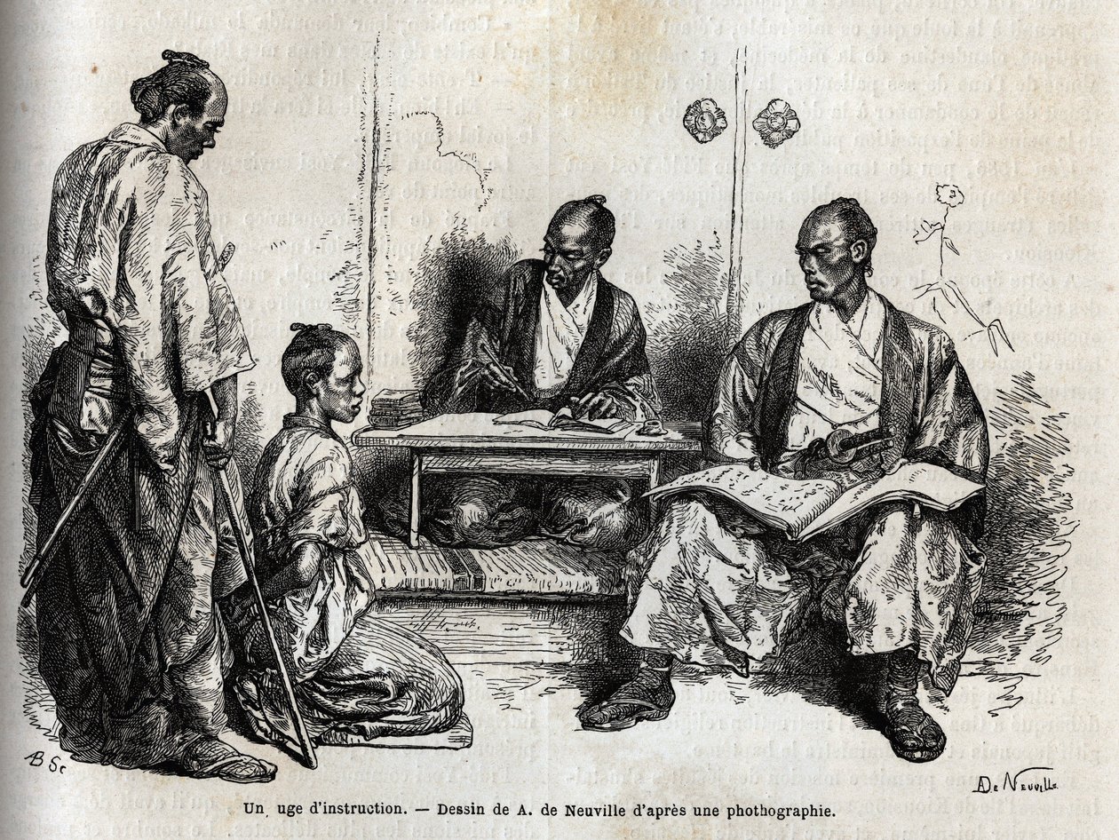 Sędzia śledczy wykonując swoje obowiązki, klęcząc przed nim, oskarża go o samuraja. Rycina ilustrująca podróż do Japonii w latach 1863-1864 autorstwa Aime Humberta, ministra Konfederacji Szwajcarskiej, w „Le tour du monde, nouveau jo autorstwa Unknown artist