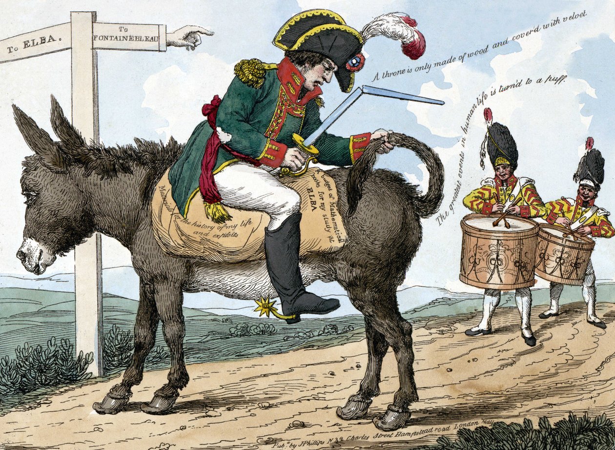 Podróż współczesnego bohatera na wyspę Elba. Podróż współczesnych bohaterów na wyspę Elba. Ta kreskówka przedstawia Napoleona Bonaparte siedzącego na osiołku na drodze z Fontainebleau na wyspę Elba; w jednej ręce trzyma kasetę z mieczami, a autorstwa Unknown artist