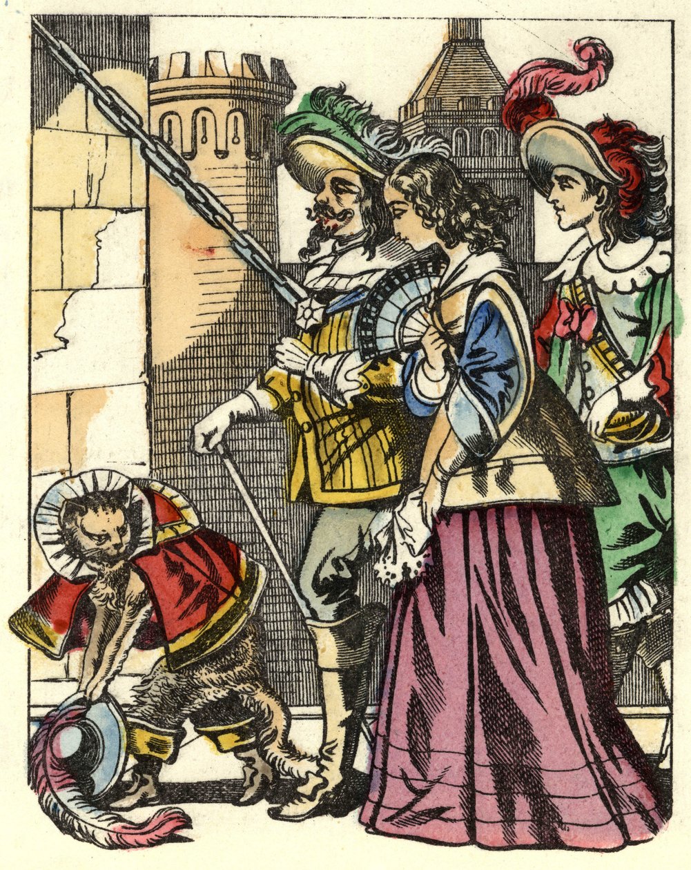 Król, księżniczka i markiz Carabas przybywają do zamku wilkołaka poprzedzającego koci but. Ilustracja do bajki „Kot botte” Charlesa Perrault autorstwa Unknown artist
