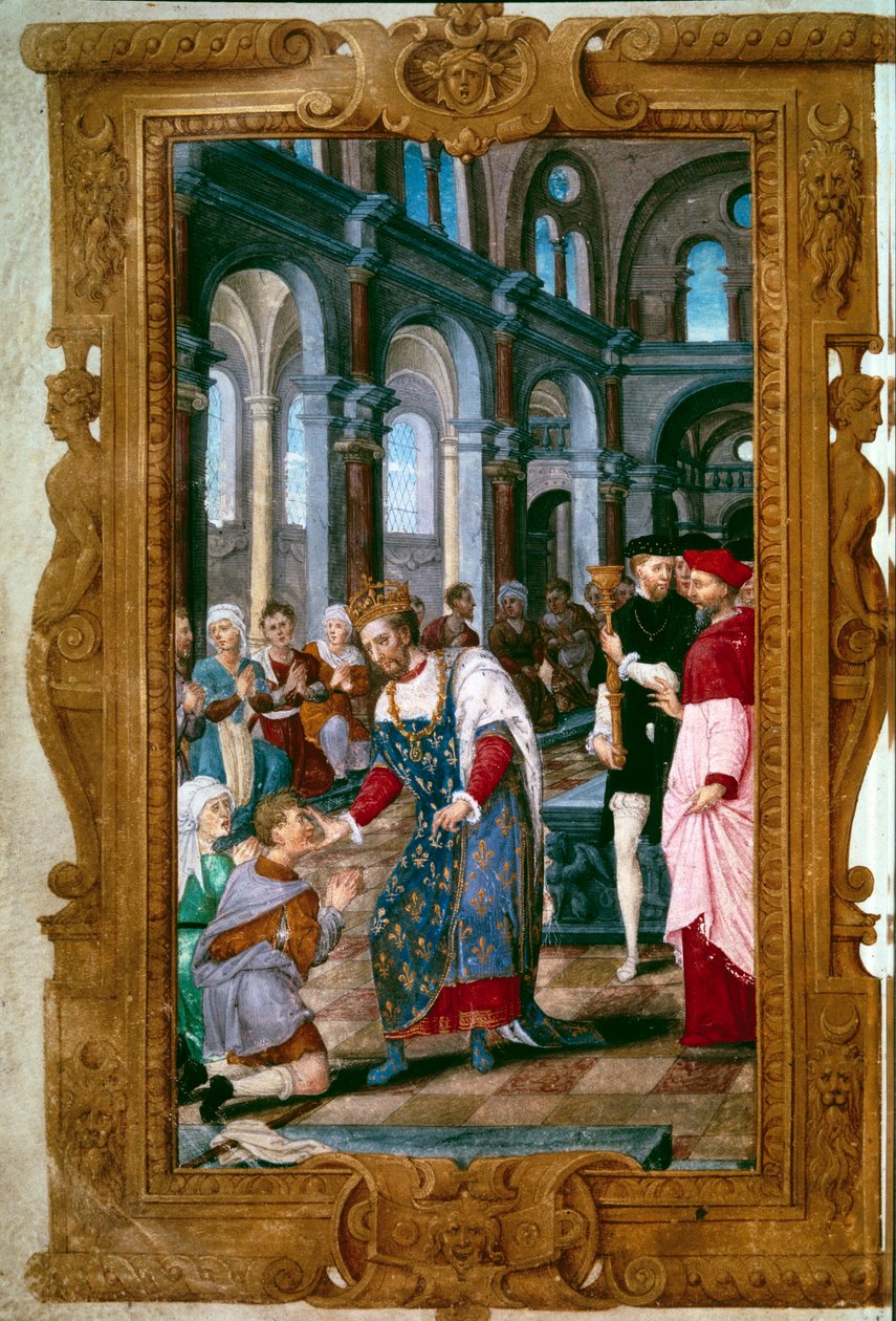 Król dotyka, Bóg cię słyszy Król Henryk II (1519-1559), taumaturg, wojownicy chory na ekrouelle w opactwie św. Markaul, tuż po ceremonii koronacji Reims. W pobliżu niego łuk Reims. Miniatura z „Godzin Henryka II”” 154 autorstwa Unknown artist