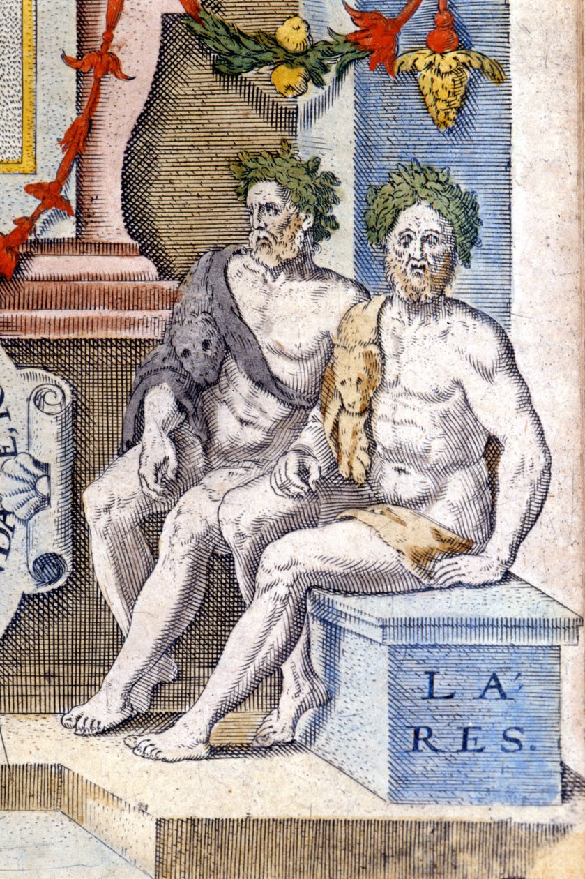 Bogowie larów: chronią dom i jego mieszkańców (są duchami przodków). Grawerowanie z XVI wieku autorstwa Unknown artist