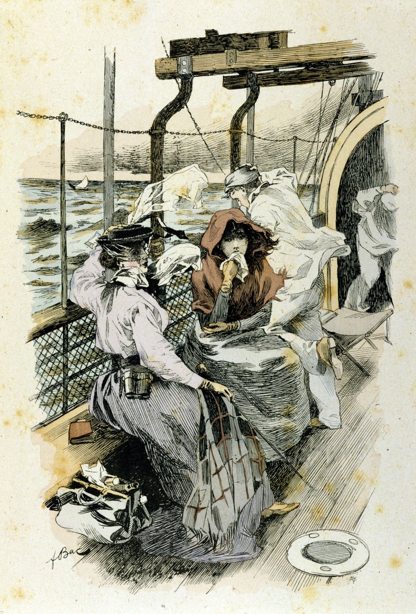 Życie pasażerów na pokładzie: młoda kobieta cierpi na chorobę morską. autorstwa Unknown artist