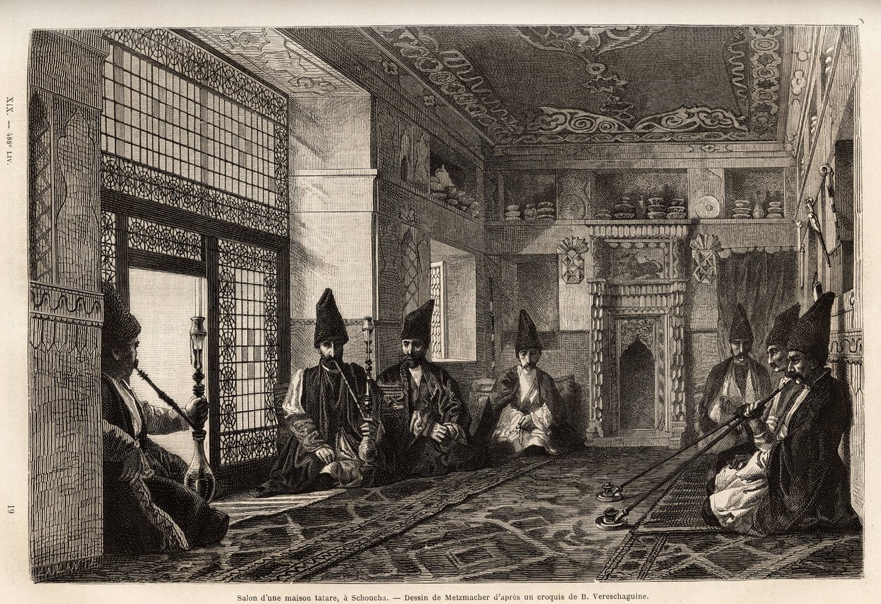 Salon bogatego domu tatarskiego w Schusha (Zakaukazie, Rosja), w którym gromadzą się mężczyźni siedzący na dywanach, by zapalić fajkę i pogawędzić. Rycina ilustrująca podróż po prowincjach Kaukazu, Basile Vereschaguine, w latach 1864-1865, opublikowana autorstwa Unknown artist