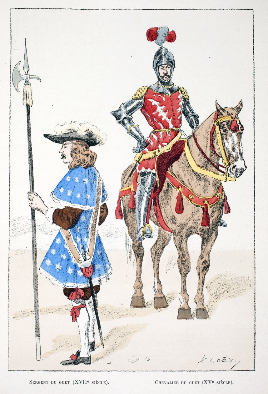 Sierżant obserwacyjny w XVII wieku i rycerz w XV wieku. Akwaforta w kolorach, dla ilustracji „Historia Korpusu Strażników Pokoju”” wydana pod patronatem Louisa Lepine