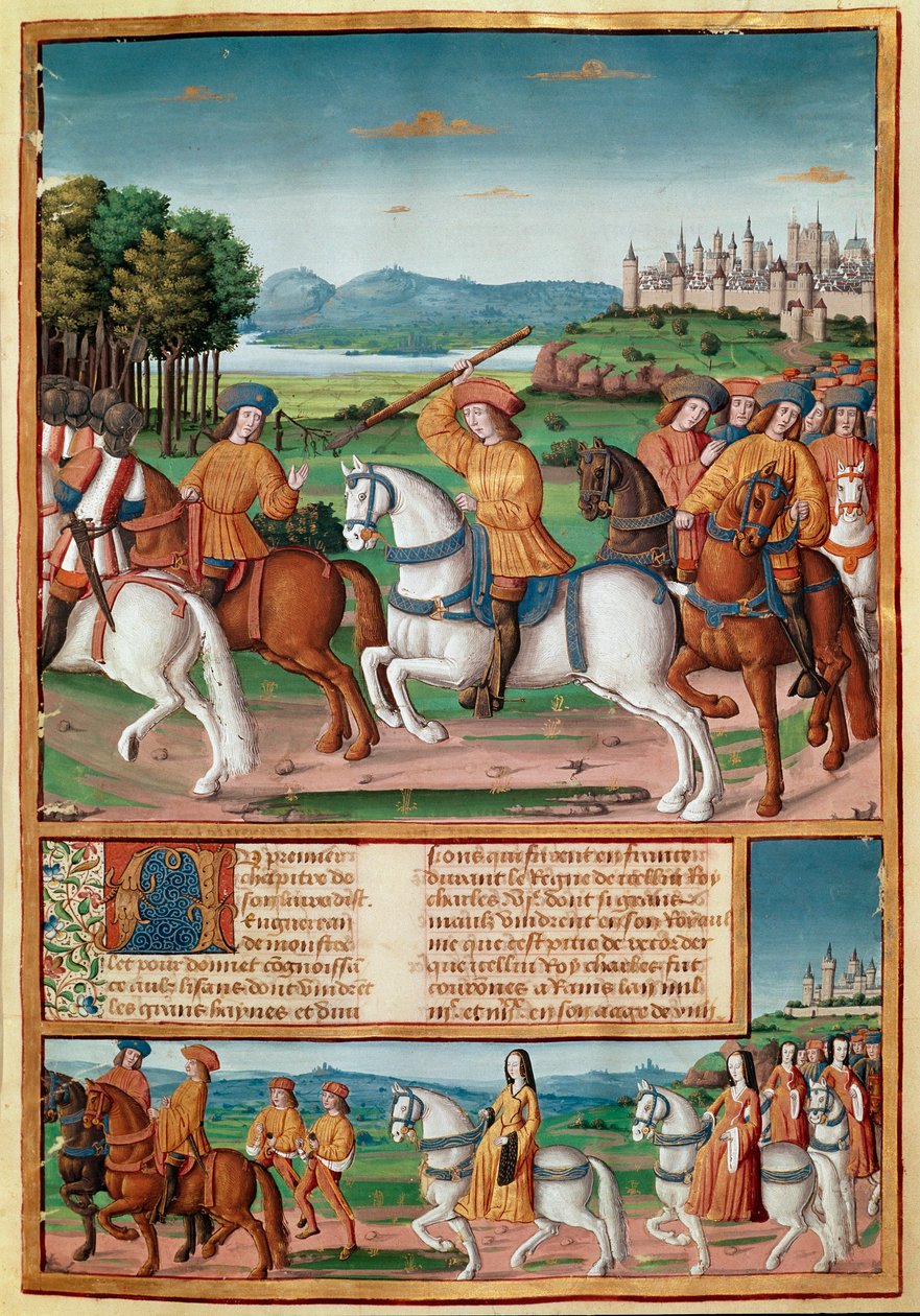 Szaleństwo Karola VI (1368-1422). 5 sierpnia 1392 r. w lesie Le Mans zaczął doświadczać napadów wściekłego szaleństwa: krzycząc o zdradę, zaatakował własną trupę i zabił cztery Miniaturowe osoby z „”Chronicles de Enguerrand de Mo autorstwa Unknown artist