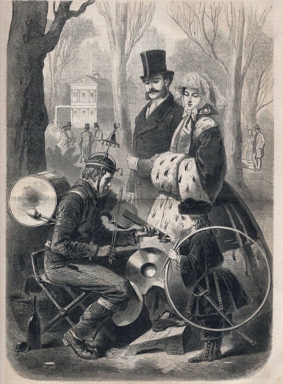 Męska orkiestra Champs Elysees w Paryżu. Ma dzwoneczek, na plecach skrzynkę, talerze na kolanach i gra na skrzypcach. Grawer w „Le Monde illustrious” z 1862 r. Ze zbiorów prywatnych. autorstwa Unknown artist