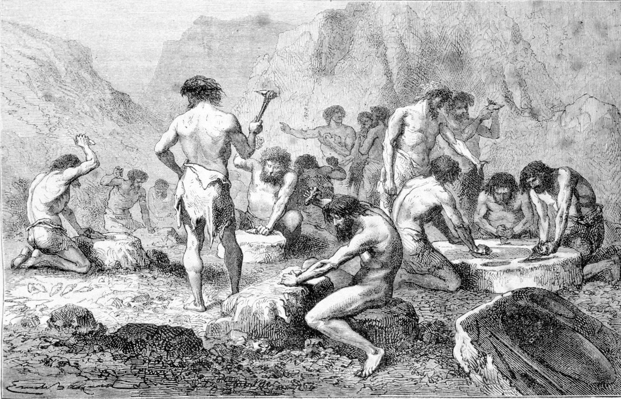 Produkcja i polerowanie krzemienia przez prehistorycznych ludzi w Pressigny. autorstwa Unknown artist