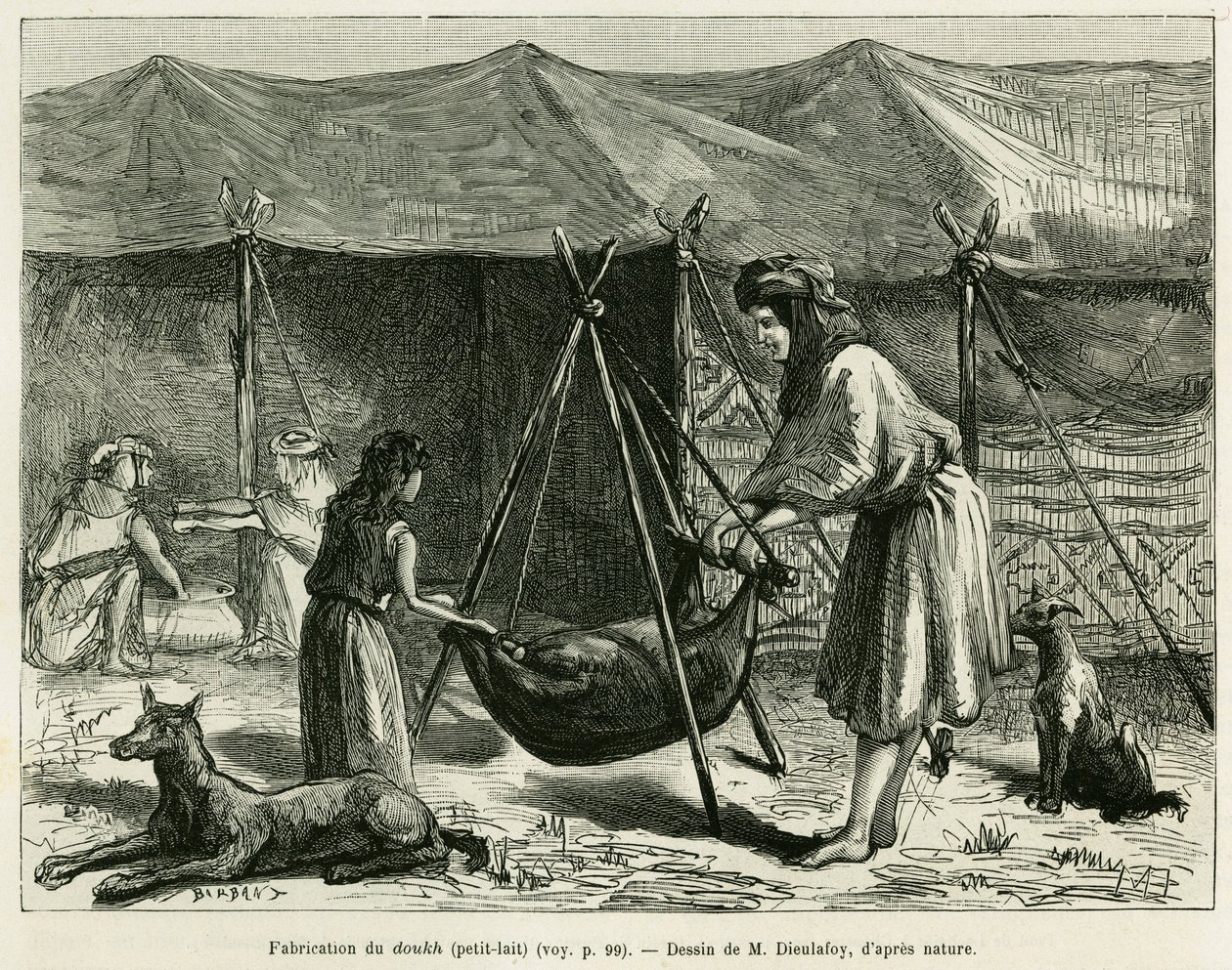 Produkcja mleka przez kobiety pasterzy z regionu Karoun. Grawer ilustrujący historię La Perse, la Chaldee et la Susiane autorstwa Jane Delafoy (1851-1916), oficera akademii, in le tour du monde 1886, reżyseria: Edouard Charton (1807-1890), Ha autorstwa Unknown artist