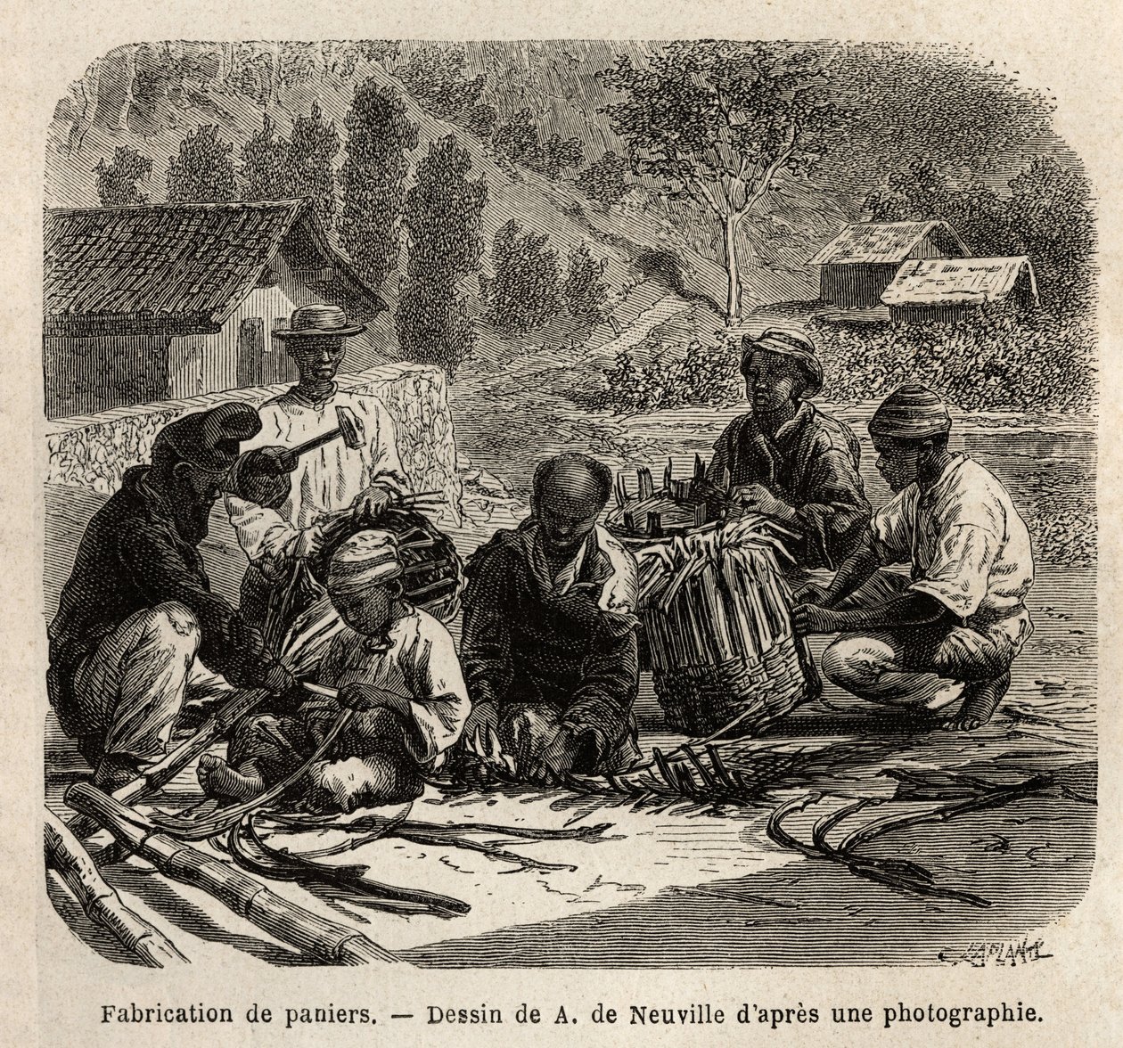 Produkcja koszy z liści palmowych do zbierania kawy. Grawerowanie ilustrujące podróż do Brazylii, opowiadanie M. i Mme Agassizów, w latach 1865-1866, opublikowane w „Le tour du monde, nouveau journal des voyages”, pod kierunkiem Edouarda Charto autorstwa Unknown artist