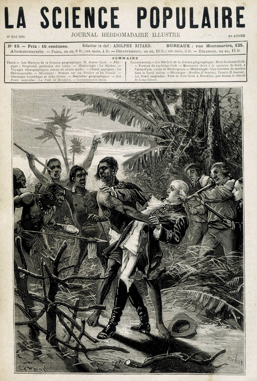 Męczennicy Geographic Science: śmierć kapitana Cooka. Okładka „La Science populaire” z 27 maja 1880 r autorstwa Unknown artist
