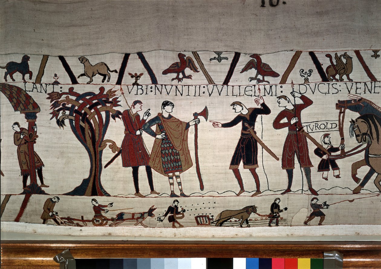 Posłańcy księcia Guillaume (1027 - 1087) przybywają, aby znaleźć Guy de Ponthieu - gobelin z Bayeux, znany jako haft królowej Matyldy autorstwa Unknown artist