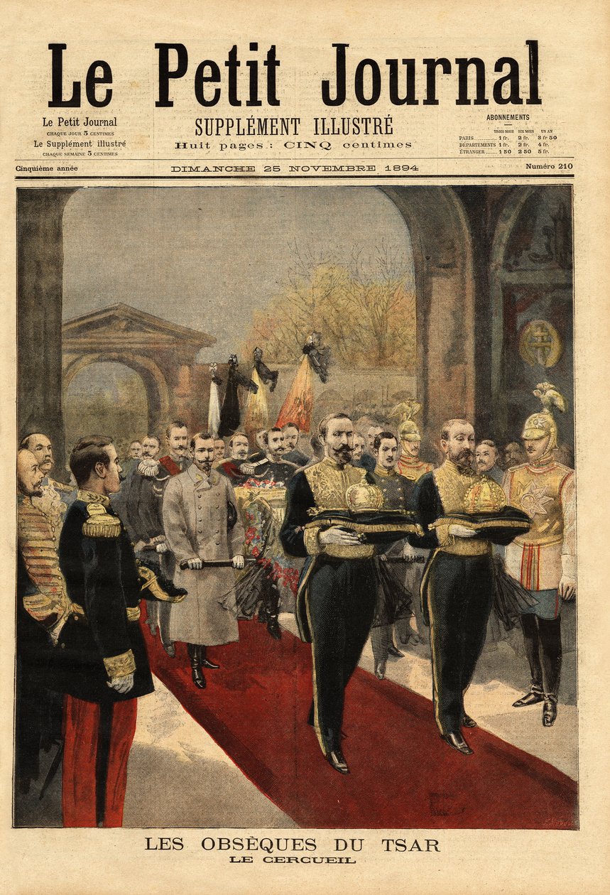 Obsesje cara Aleksandra III (1815-1894) w katedrze św. Piotra i Pawła, nekropolii Romanowów, w centrum twierdzy Petersburga. Grawerowanie w „”Le petit journal”” 25.11.1894. Kolekcja Selvy. autorstwa Unknown artist