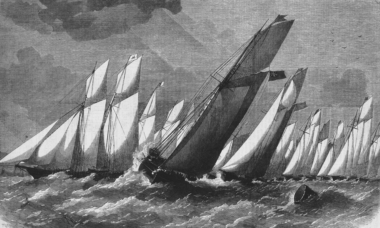 Oceaniczny wyścig Królewskiego Klubu Jachtowego Wiktorii w 1868 r. - rycina, Biblia. des Arts deco. autorstwa Unknown artist