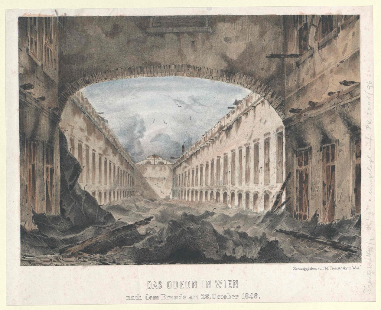 Odoon w Wiedniu po pożarze 28. Październik 1848 (kolorowa litografia) autorstwa Unknown artist