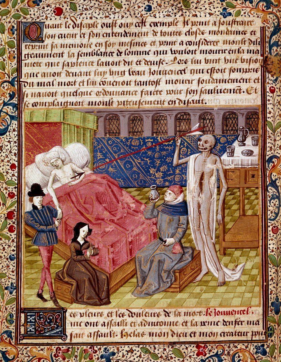 Pacjenta uderza miniaturowa śmierć zaczerpnięta z „Le Tresor de Sapience” (lub „Le traite du jardin amoureux”) Jeana Gersona (1363-1429) XV-wiecznego Chantilly, Musee Conde autorstwa Unknown artist