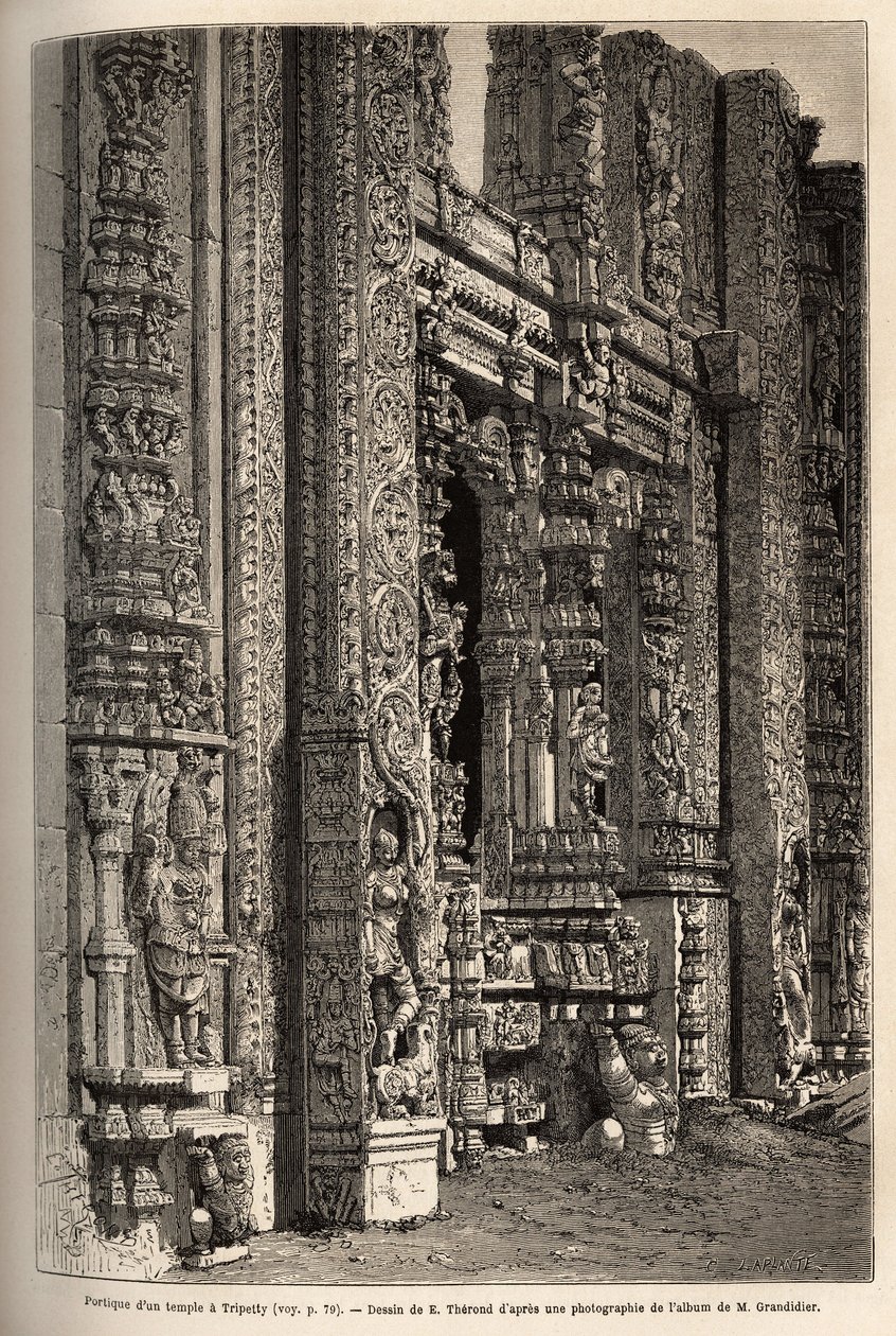 Portyk wyrzeźbiony w świątyni w Tripetty (lub Tirupati w Andhra Pradesh), ważnym miejscu pielgrzymek hinduistów. Rycina ilustrująca podróż do południkowych prowincji Indii autorstwa Alfreda Grandidiera, w latach 1862-1864, opublikowana w „” le tour du mo autorstwa Unknown artist