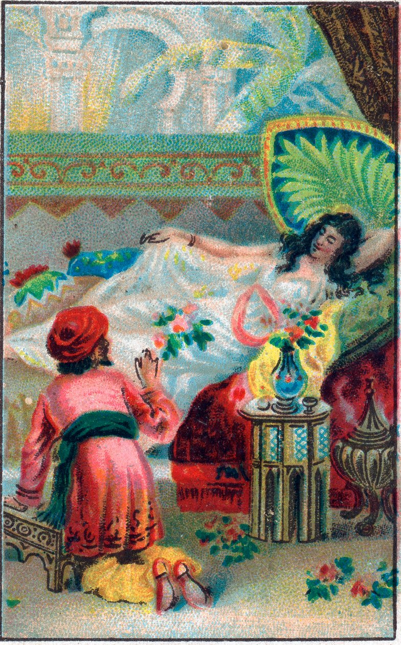 Książę i księżniczka. Opowieść „”Historia o zaczarowanym koniu”” w „Tysiąc i jednej nocy” (1001 nocy lub Le mille e una notte, Arabian Nights). Chromolitografia z końca XIX wieku. autorstwa Unknown artist