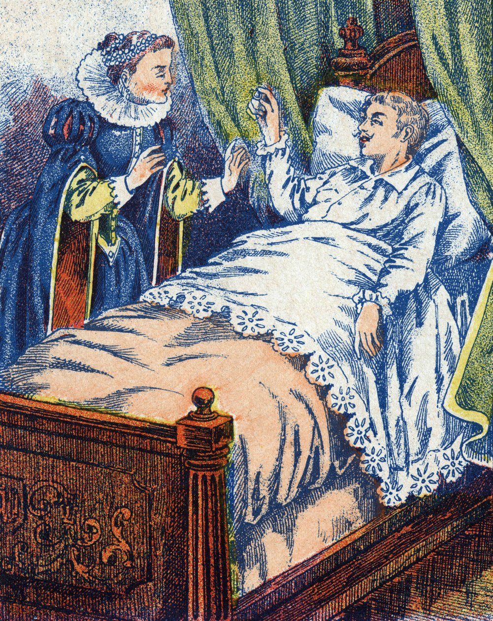 Książę pokazuje pierścionek matce. Anonimowa ilustracja do opowiadania „Skóra osła” autorstwa Charlesa Perraulta (1628-1703), francuskiego pisarza. Zdjęcia Marcel Vagne, Jarville Nancy, bez daty (koniec XIX wieku). autorstwa Unknown artist