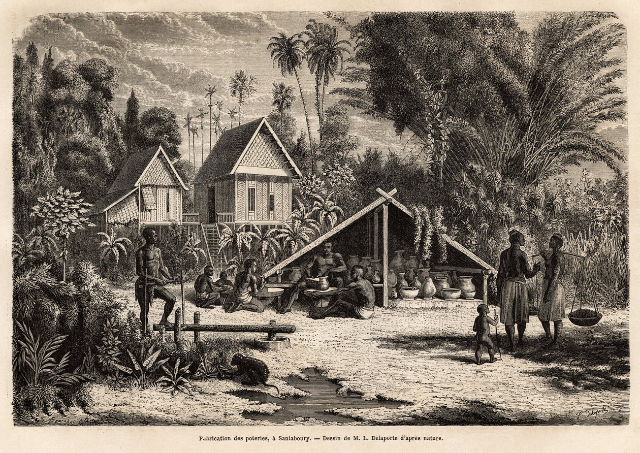 Produkcja ceramiki w Saniaboury (Laos). Grawer ilustrujący podróż eksploracyjną w Indochinach, autorstwa Francisa Garniera, porucznika de Vaissseau, w latach 1866-1868, opublikowany w „Le tour du monde”” 1870-1871, pod redakcją Edouarda Chartona, wyd. Hac autorstwa Unknown artist