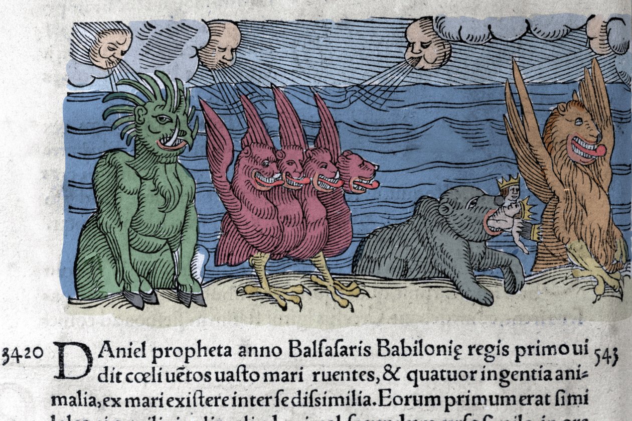 Prorok Daniel widzi pojawiające się potwory: Haniel, Kafziel, Azriel, Aniel. Rycina z „Księgi Prodigiorum ac ostentorum Chronicon Basileae” Wolfharta (Konrada Lycosthene) 1557 autorstwa Unknown artist