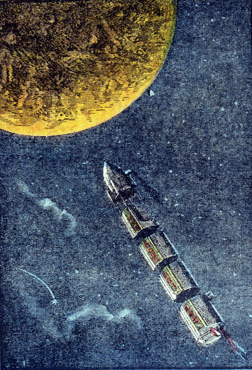 Rakieta wystrzeliła w kosmos docierając do księżyca - grav. w „Z Ziemi na Księżyc”” Juliusza Verne autorstwa Unknown artist