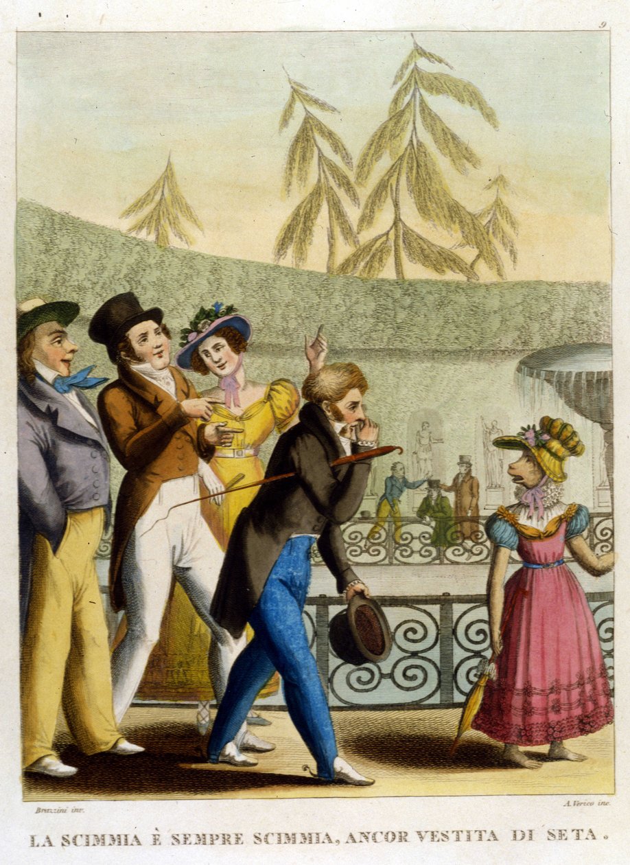 Powiedzenie: „Małpa, nawet ubrana w jedwab, pozostaje małpą” (płaszcz nie czyni mnicha). Ilustracja ze zbioru przysłów z XVIII wieku autorstwa Unknown artist