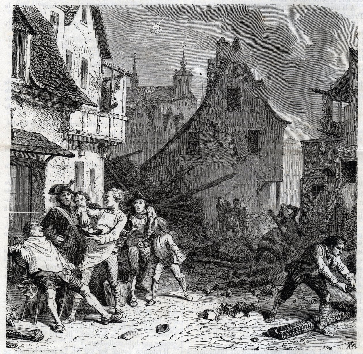 Naczynie do golenia z Lille. Odcinek z Oblężenia Lille w 1792 r. podczas francuskich wojen rewolucyjnych - Le siege de Lille en octobre 1792 - Revolution francaise - Bombardowanie przez Austriaków i Prusów - Fryzjer używa pół bomby jako naczynia do brody - autorstwa Unknown artist