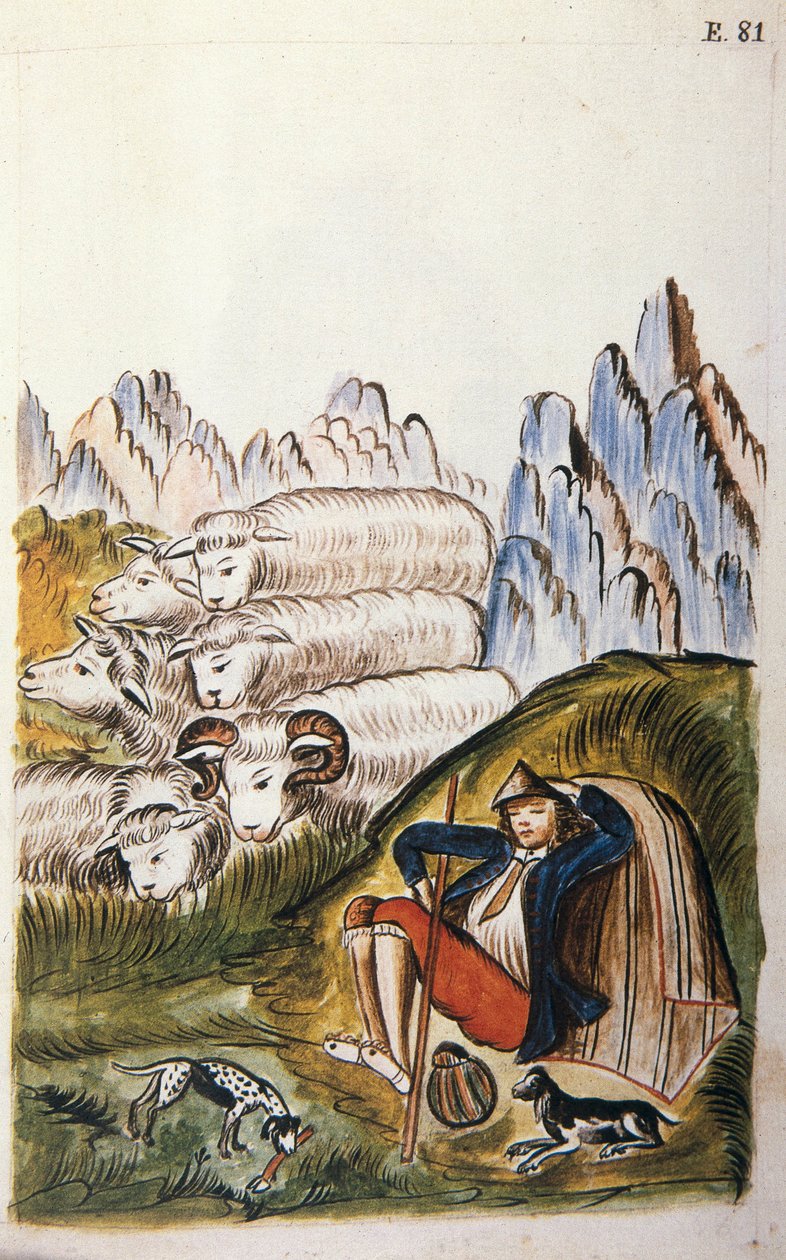 Pasterz i jego stado owiec, z książki „Trujillo del Peru” lub „Kodeks Martinez Companion”, autorstwa Baltazara Martineza Companion i Bujanda, biskupa Trujillo (1782-1785) autorstwa Unknown artist