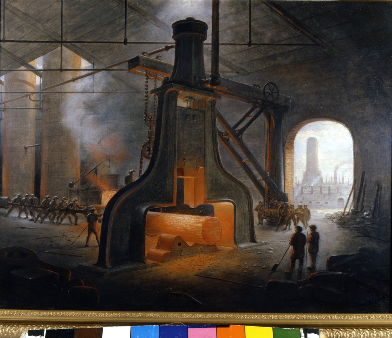 Młot parowy (perkusista), wynaleziony przez J. Nasmytha, w działaniu stosowany w zakładach hutniczych w Manchesterze. Anonimowe malowanie autorstwa Unknown artist