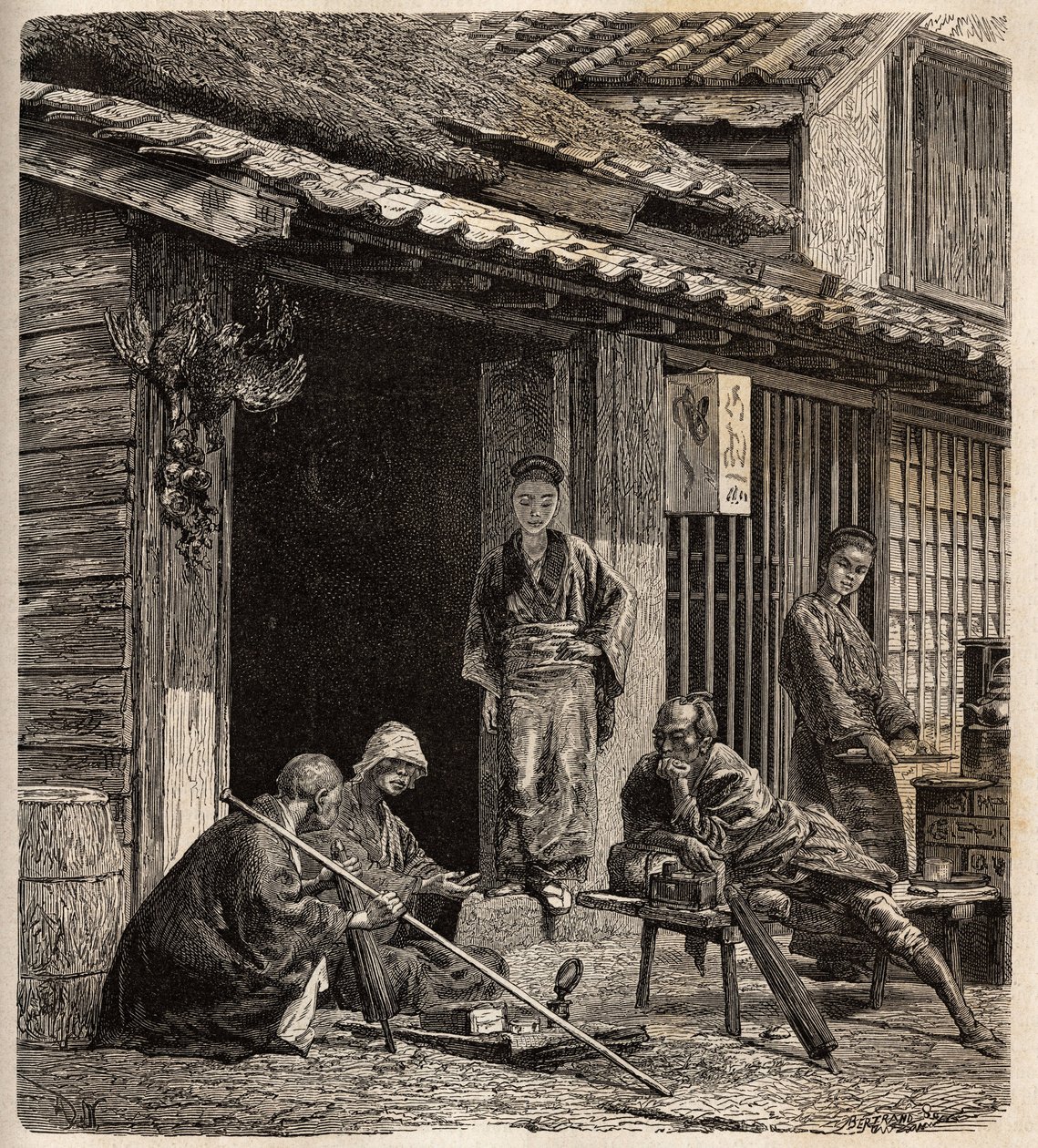 Na progu wiejskiej gospody w Japonii hostessy służą jako gospodarz dla swoich stałych gości. Rycina ilustrująca podróż do Japonii w latach 1863-1864 autorstwa Aime Humberta, ministra Konfederacji Szwajcarskiej, w „Le tour du monde, nouveau journal des vo autorstwa Unknown artist
