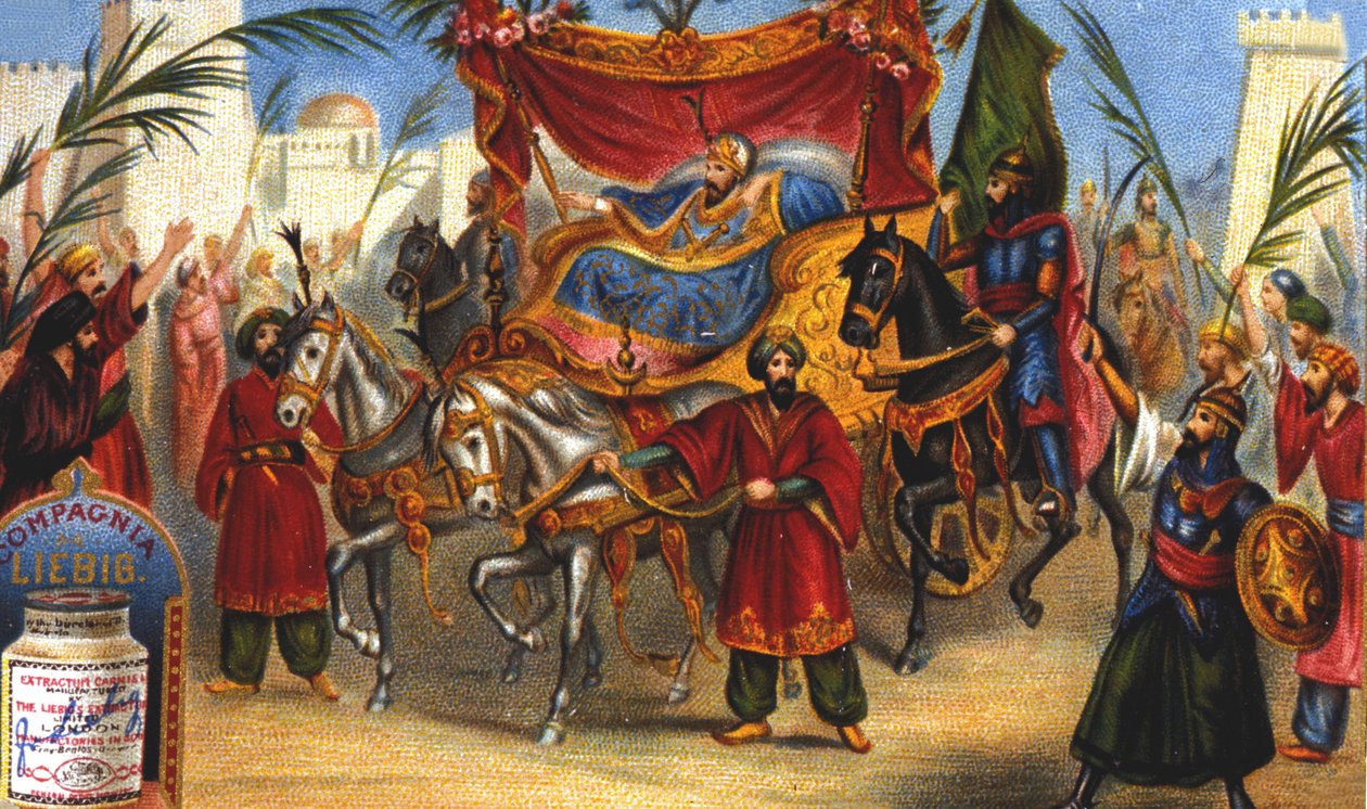 Triumfalne wejście Saladyna (1138-1193) (Salah al Din Yusuf al-Ayyubi (al Ayyubi), wezyra, do Jerozolimy w 1187 roku. Chromolitografia Liebiga z XIX wieku. autorstwa Unknown artist