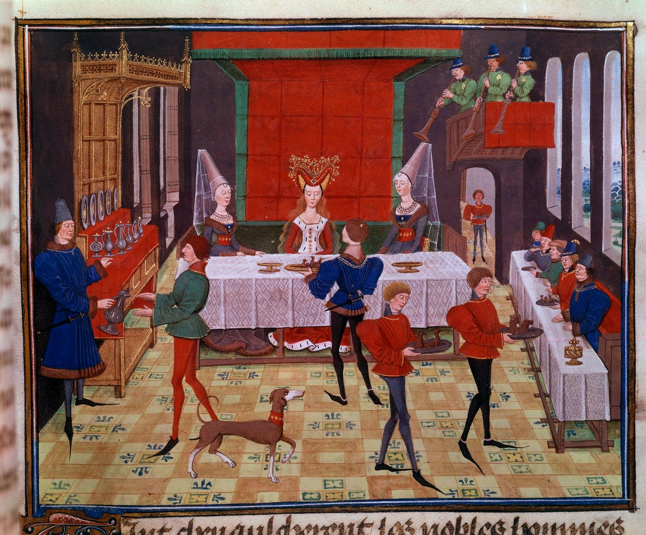 Bankiet weselny na weselu Clarisse, córki króla Yvona z Gaskonii i Renaud Miniature z rękopisu „Renaud de Montauban” lub „Les quatre fils Aymon” Loyset Liedet (czynny w latach 1448-1478). Ms. 5073. Biblioteka z XV wieku autorstwa Unknown artist