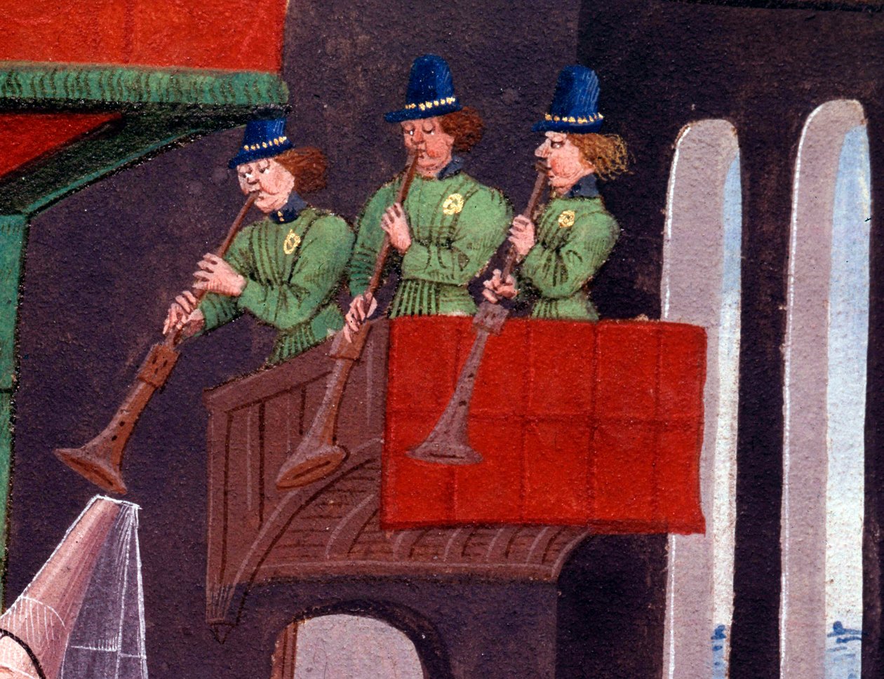 Bankiet weselny Clarisse, córki króla Yvon z Gaskonii i Renauda Detaila reprezentującego trębaczy. Miniatura z rękopisu „Renaud de Montauban” lub „Les quatre fils Aymon” Loyseta Liedeta (czynny w latach 1448-1478). Pani 5073. autorstwa Unknown artist