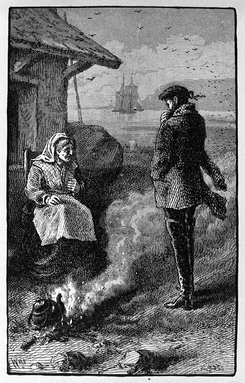 Mieszkająca na wyspie Pomona (Orkady) wiedźma Bessie Millie sprzedaje worki wiatrów sprzyjających żeglarzom. Ilustracja do historii Waltera Scotta z 1814 roku. Rycina z XIX wieku autorstwa Unknown artist