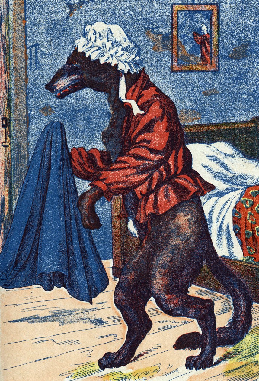 Wilk wkłada ubrania babci. Anonimowa ilustracja do „Czerwonego Kapturka”, opowiadania Charlesa Perraulta (1628-1703), francuskiego pisarza. Zdjęcia Marcel Vagne, Jarville Nancy, bez daty (koniec XIX wieku). autorstwa Unknown artist