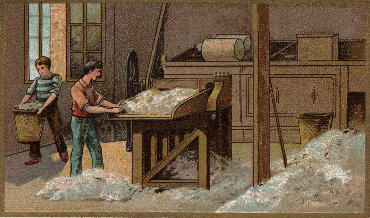 Przemysł wełniany: omłot. Chromolitografia z końca XIX wieku autorstwa Unknown artist
