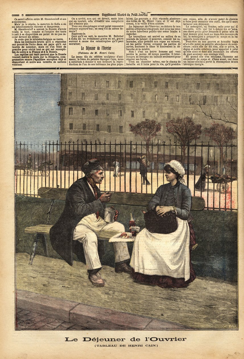 Obiad robotniczy, reprodukcja obrazu Henri Caina (1859-1930), malarza i dramaturga. Grawerowanie w „”Le petit journal”” 18.04.1891. Kolekcja Selvy. autorstwa Unknown artist