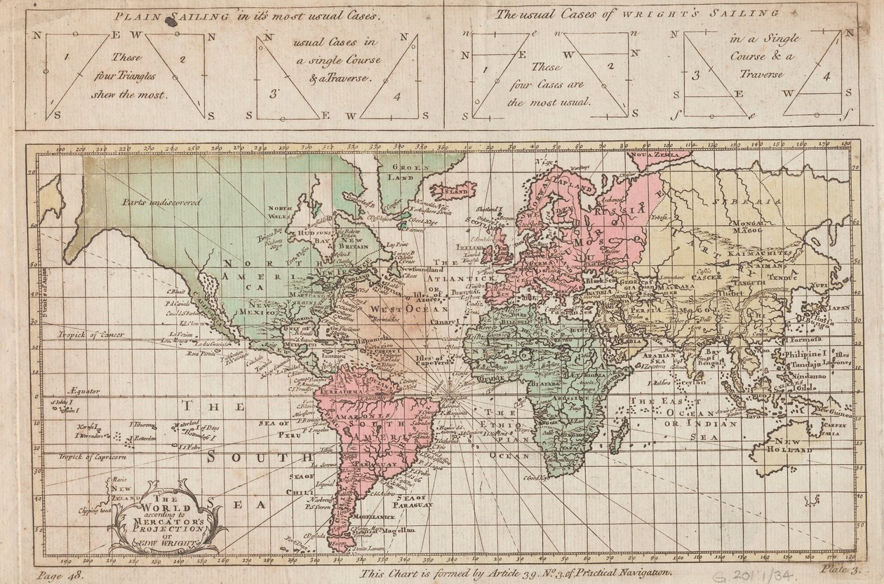 Świat według projekcji Mercatora lub Edw Wrighta, ok. 1730 r. (rycina) autorstwa Unknown artist