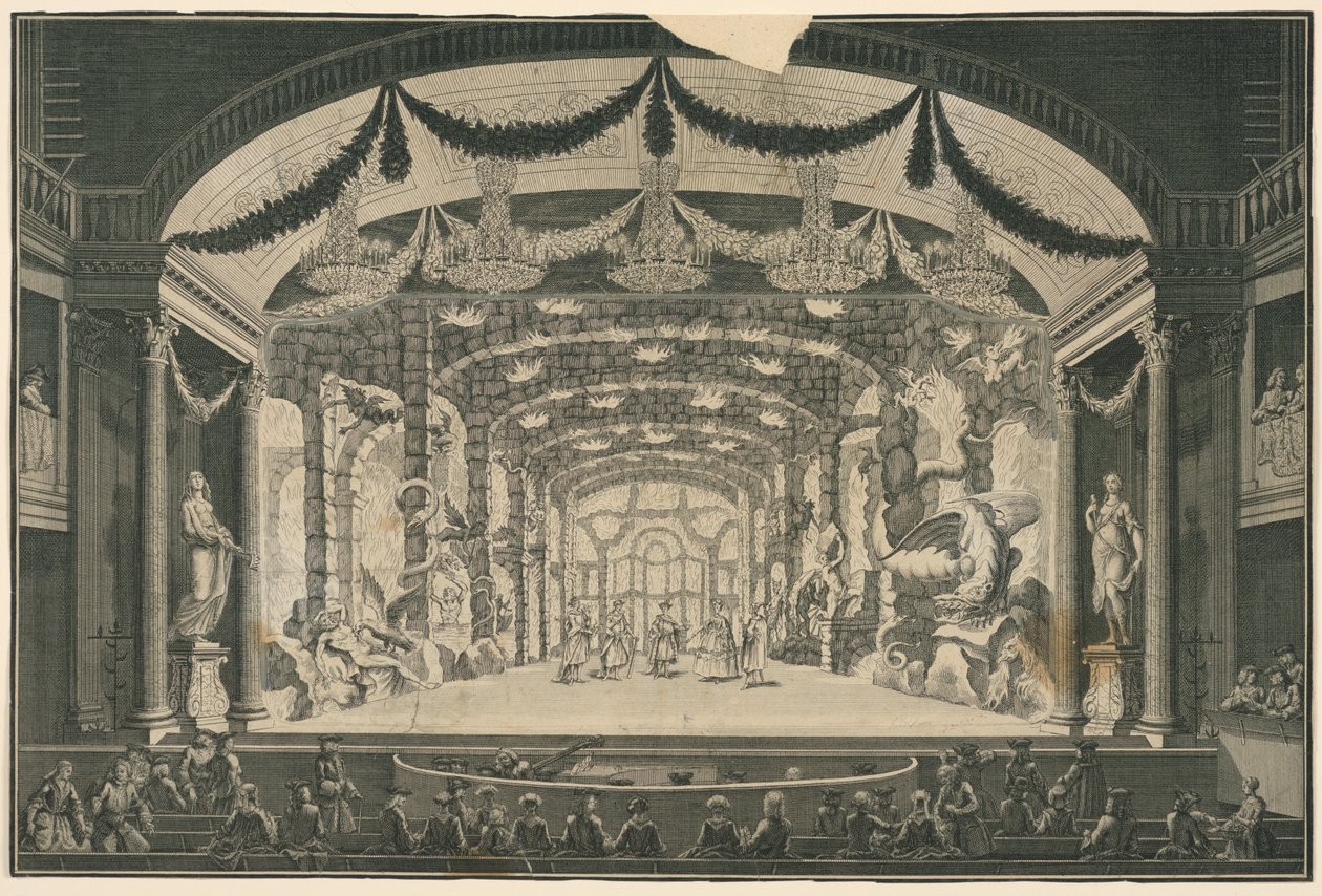 Wnętrze teatru z przedstawieniem odbywającym się autorstwa Unknown artist