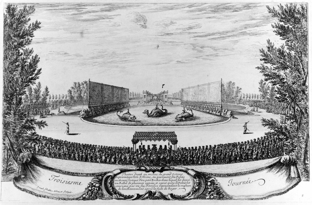 Trzeci dzień: teatr ustawiony na środku Wielkiego Stawu, przedstawiający wyspę Alcine... Grawerowanie 1676. autorstwa Unknown artist