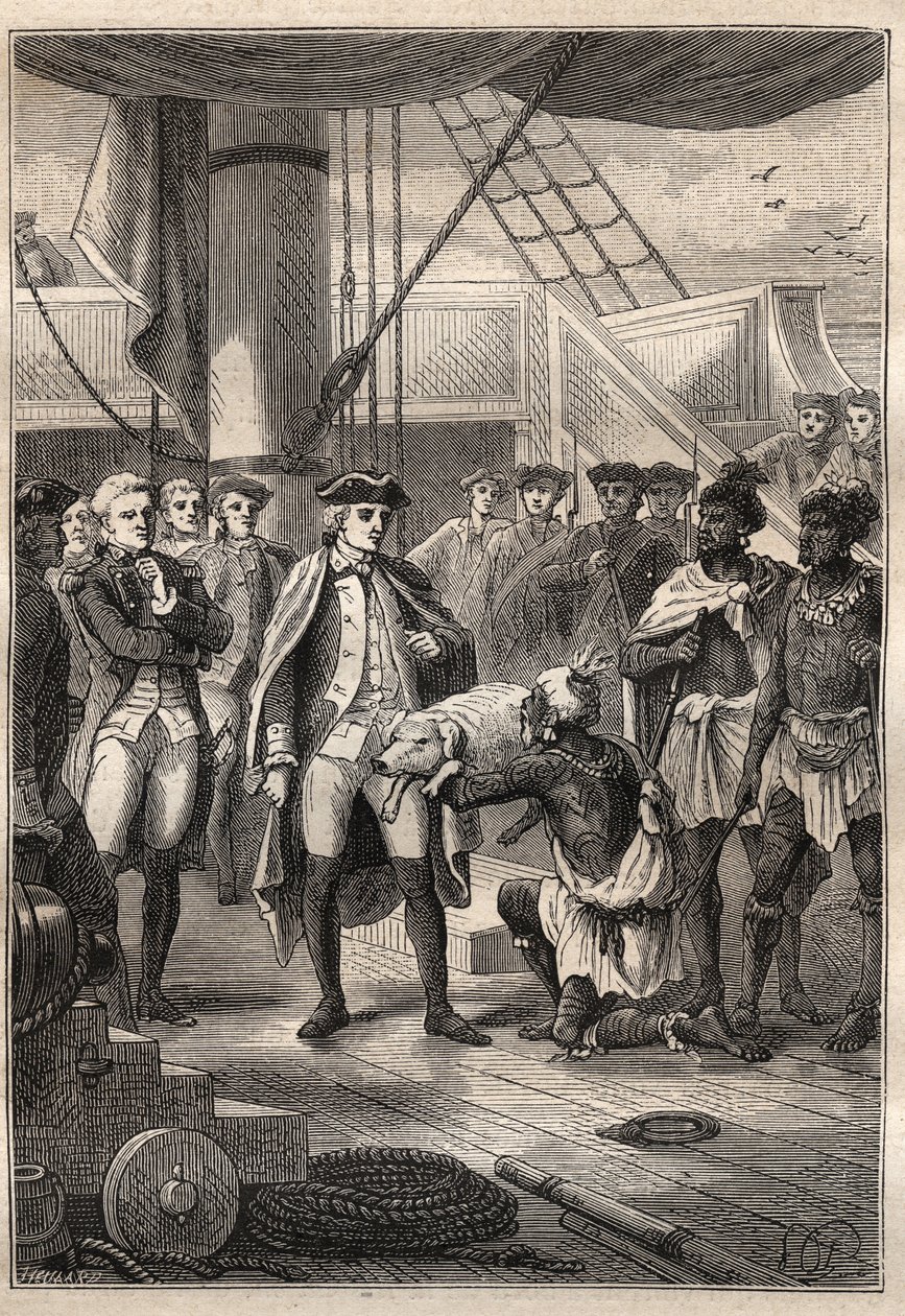Trzecia podróż (1776-1779) kapitana Jamesa Cooka (1728-1779): Kapłan Koah oferuje kucharzowi małą świnię na pokładzie statku Resolution (Hawaje) - ilustracja z „Wielkich marynarzy XVIII wieku” autorstwa Unknown artist