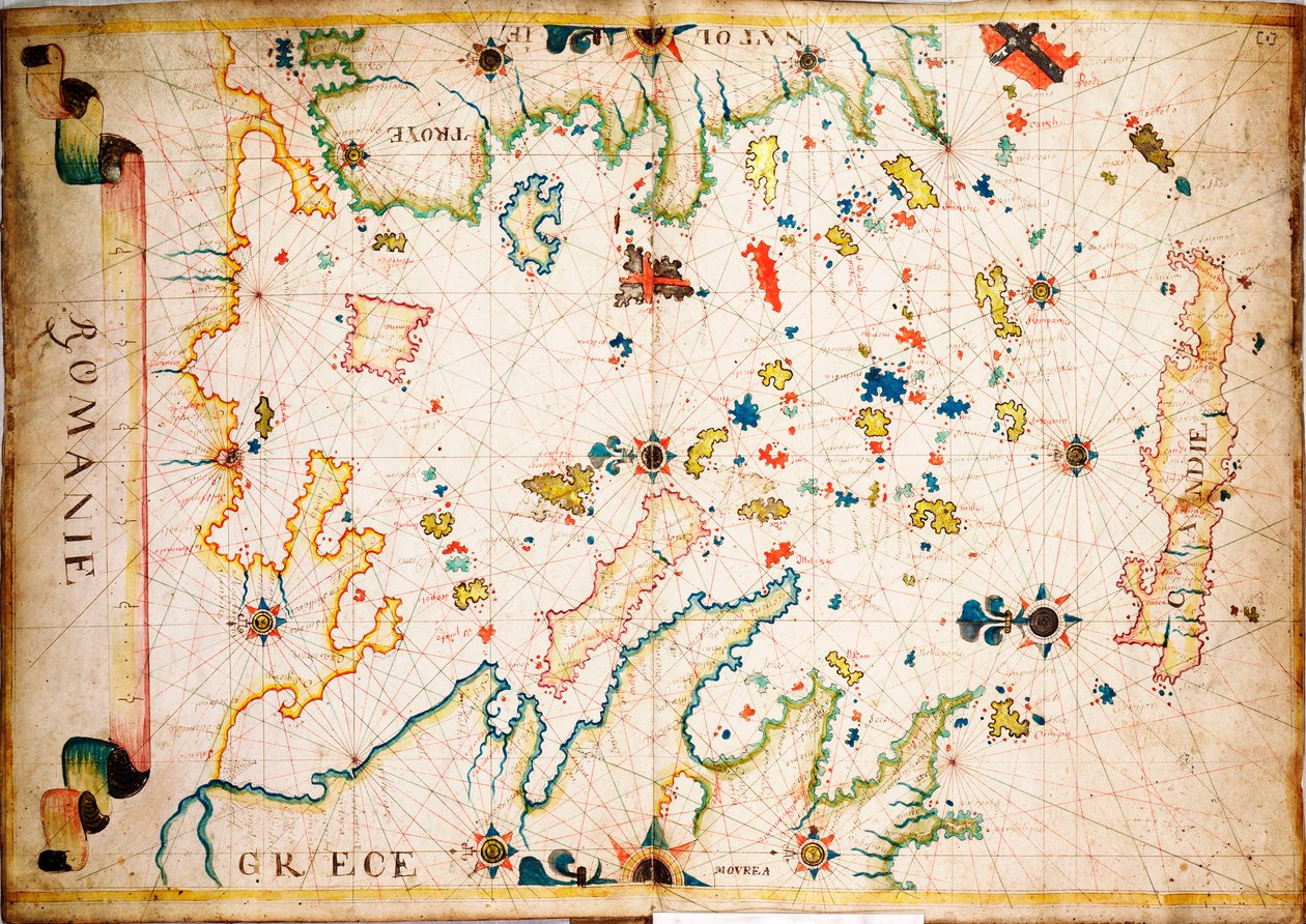 Ten typ wczesnej mapy morskiej na welinie powstał w basenie Morza Śródziemnego w XIII w., ok. 1610 r. (rękopis) autorstwa Unknown artist