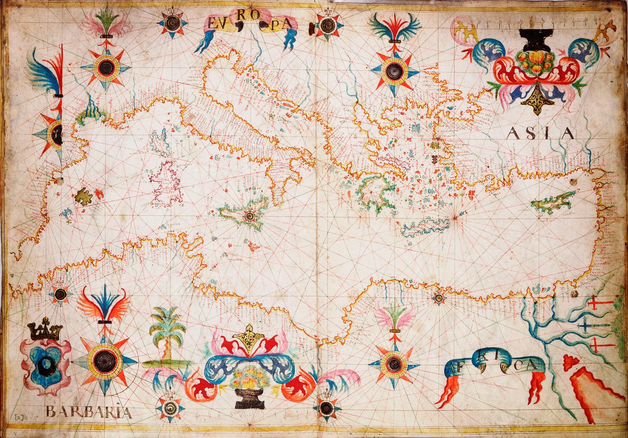 Ten typ wczesnej mapy morskiej na welinie powstał w basenie Morza Śródziemnego w XIII w., ok. 1610 r. (rękopis) autorstwa Unknown artist